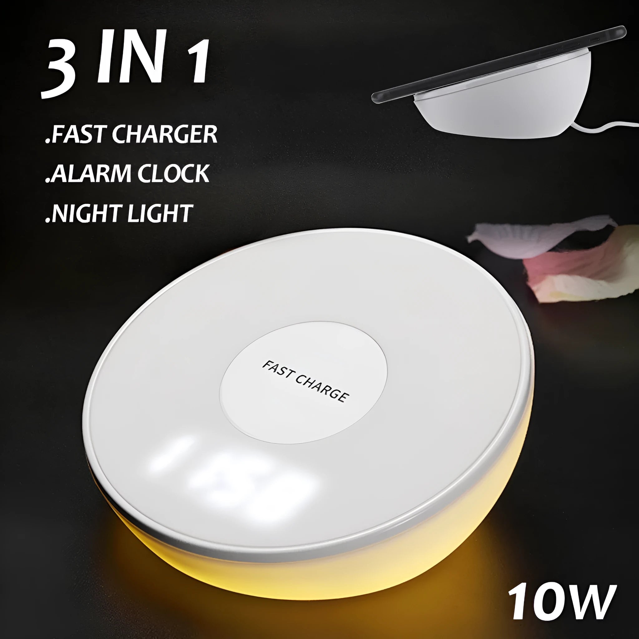 White wireless charging pad with clock display and control buttons for smartphone charging