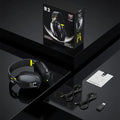 Wireless Bluetooth gaming headset with noise reduction in black or white, showing head-mounted design.