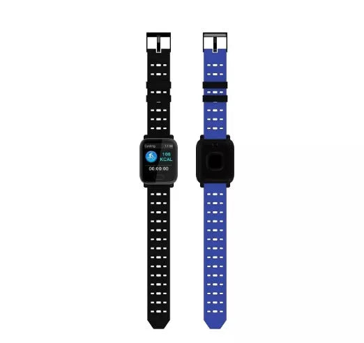 A6 colour screen smart bracelet in blue, black, or orange with silicone strap on wrist.