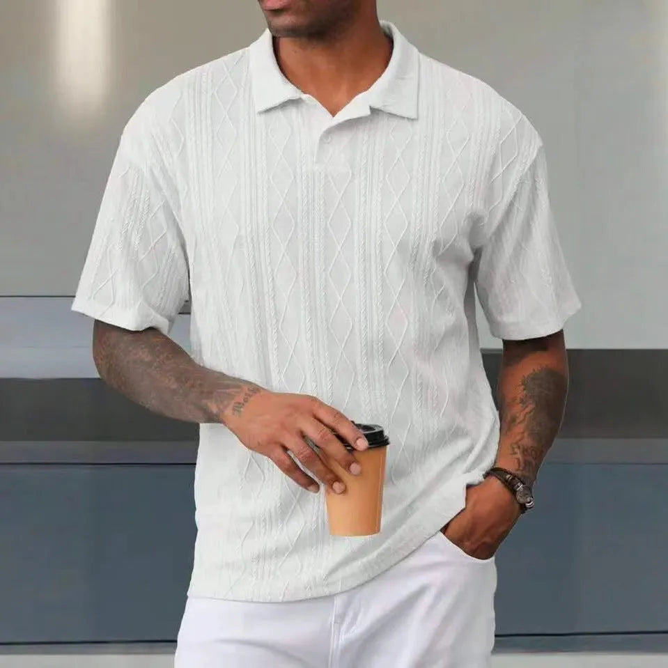 Men's retro button lapel short sleeve cotton blend T-shirt in loose knit, shown in Army Green.