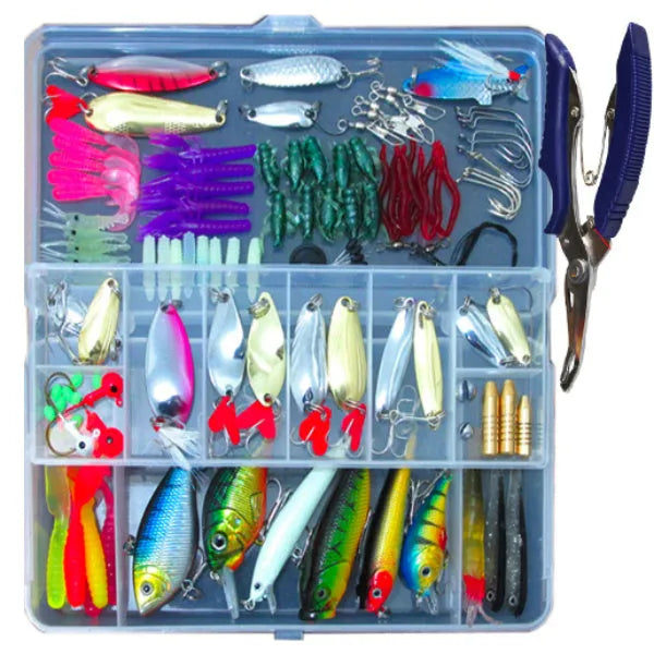 Rose red treasure coloured 132-piece fishing lure suit with soft bait and hooks in an open organiser case.