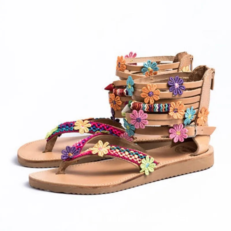 Ethnic beaded petal sandals with artificial PU upper and round toe