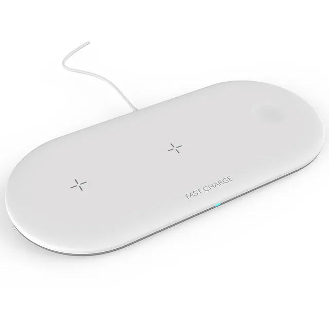 White 3-in-1 wireless charging station for Apple iPhone, watch and earbuds on a desktop