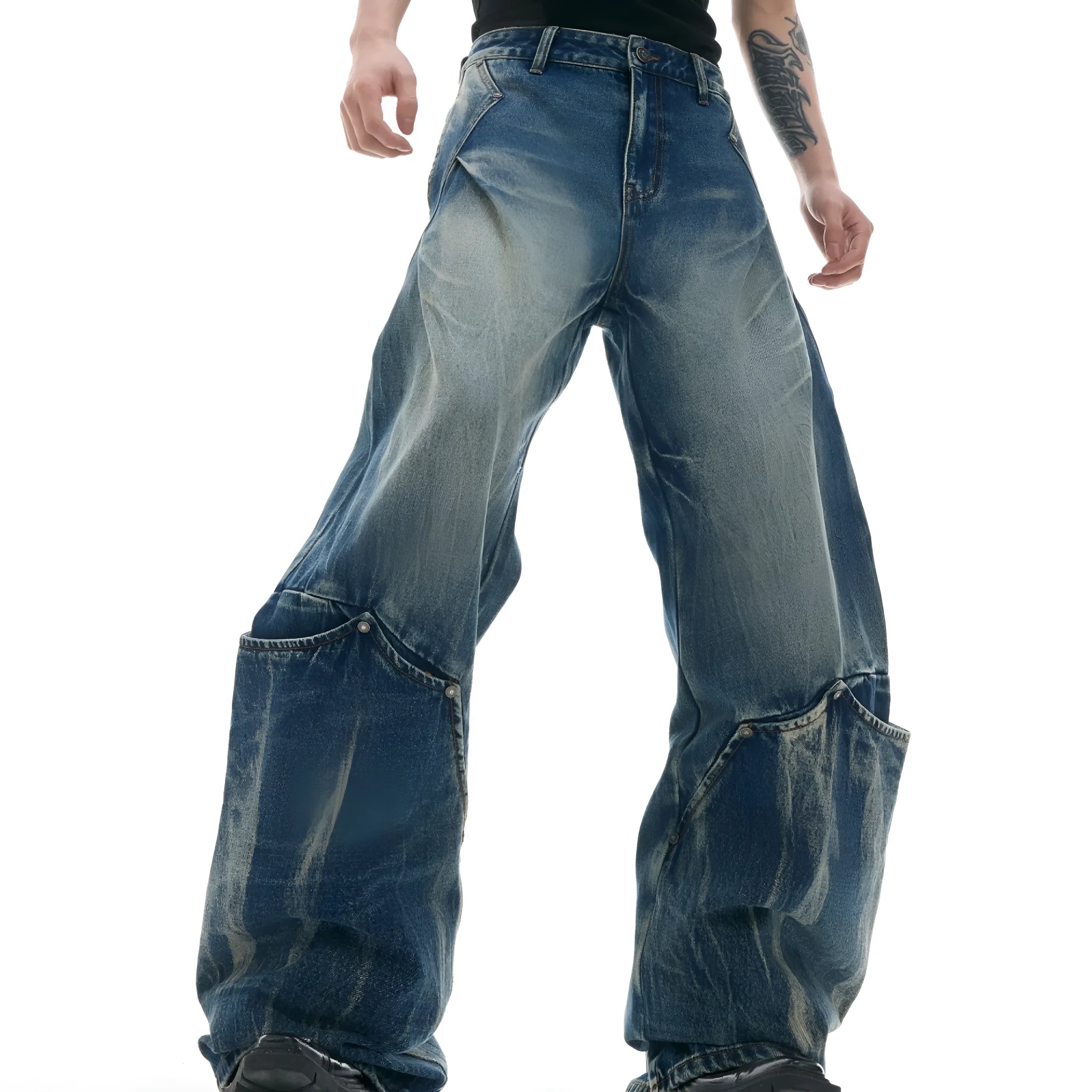 Men's retro washed burst pattern curved knife jeans in verdant blue with loose fit