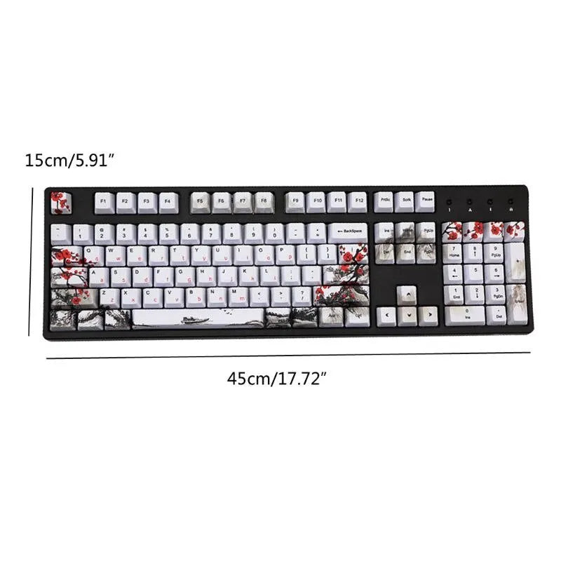 PBT Wangjiang plum blossom themed keycap set for mechanical keyboards, showing Korean and Japanese legend options.