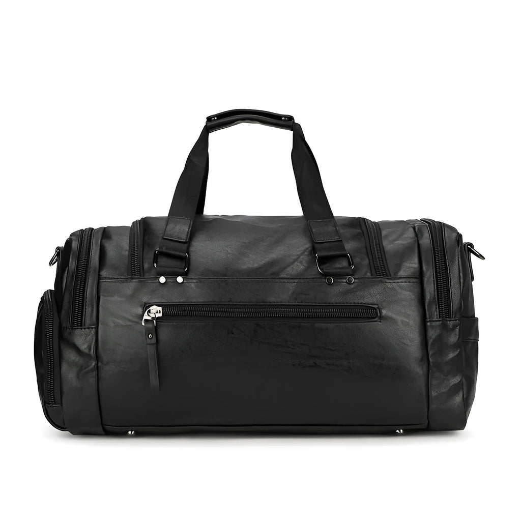 Black large capacity travel bag with separate shoe compartment, closed view.