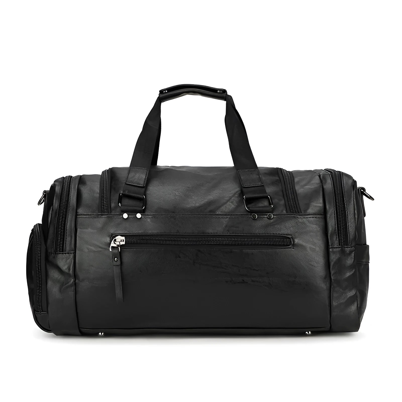 Black large capacity travel bag with separate shoe compartment, closed view.