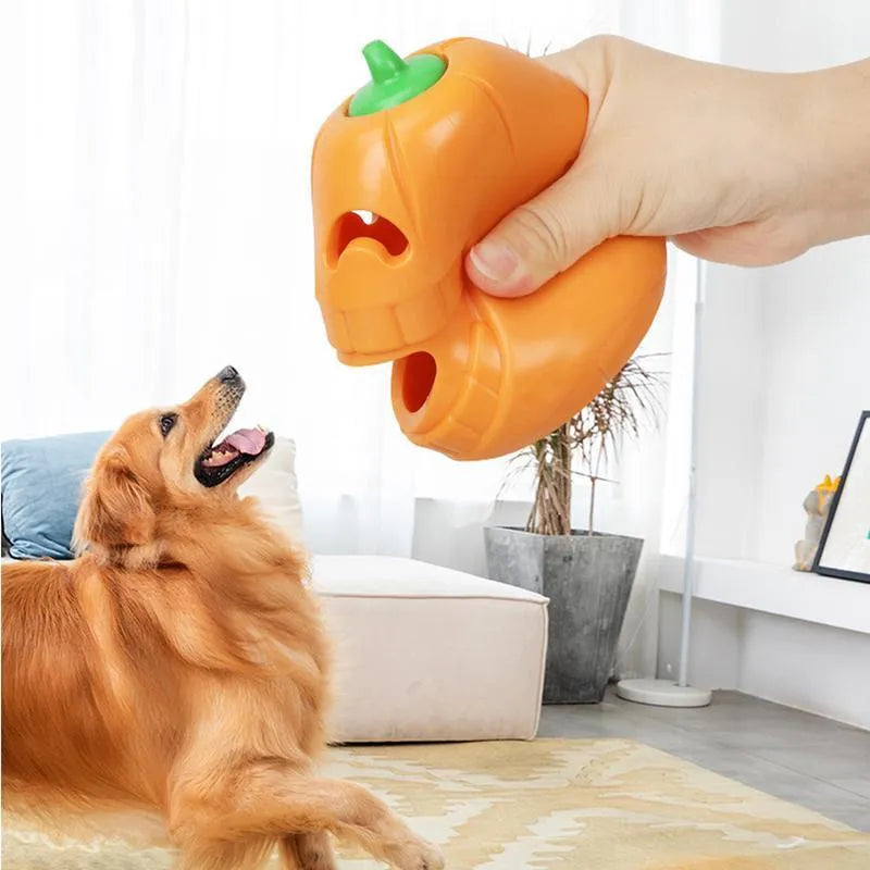 Yellow TPR pumpkin-shaped durable dog chew toy for aggressive chewers