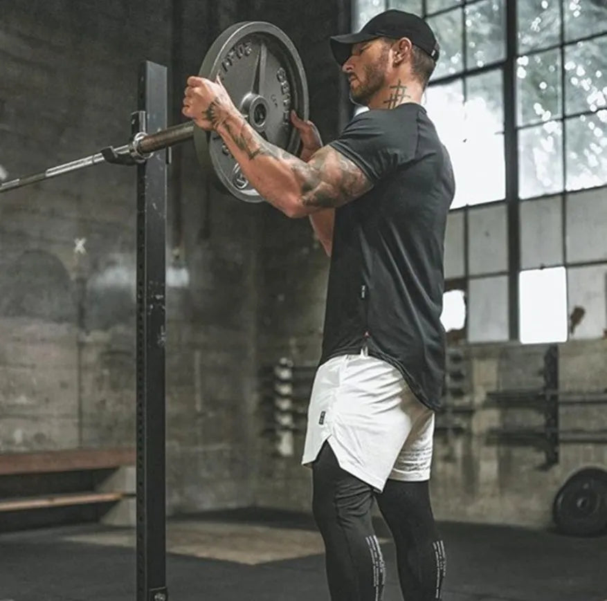 Men's plain custom gym shirt in cotton-spandex blend showing colour and letter print options.