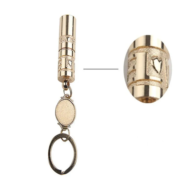 Gold-coloured zinc alloy die-cast LED keychain flashlight with attached key ring.