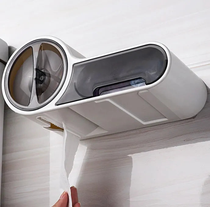 White plastic bathroom toilet roll holder with a streamline curve design on a wall