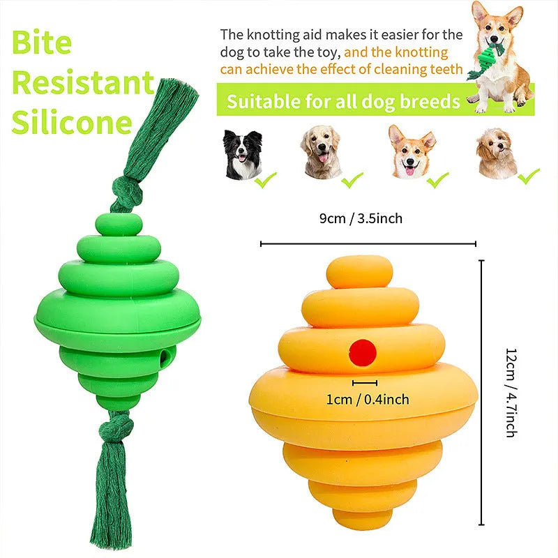 Green and yellow dog ball with integrated rope, hollow treat-dispensing design