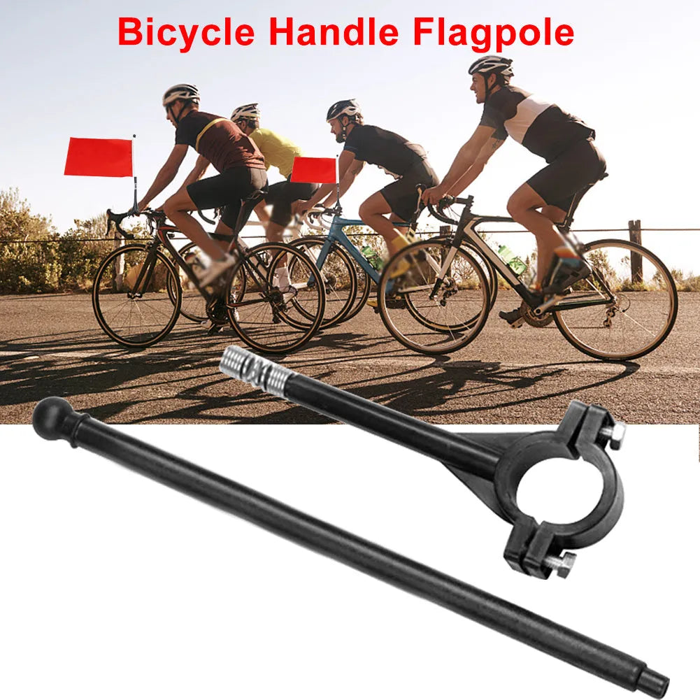 Square polyester cycling flag on a plastic pole mounted on a bicycle handlebar.