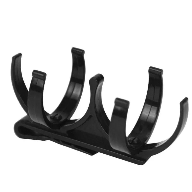 Black plastic golf ball holder clip for belt or bag, holds two golf balls, approx 8 x 4.2 x 1cm