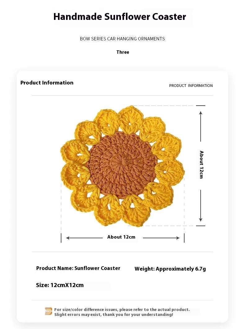 Hand-woven circular wool coaster with flower pattern, 10cm diameter