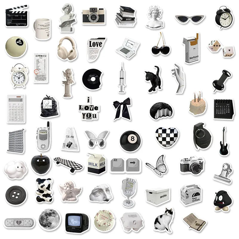 61-piece black and white PVC waterproof sticker pack for laptops and coffee cups