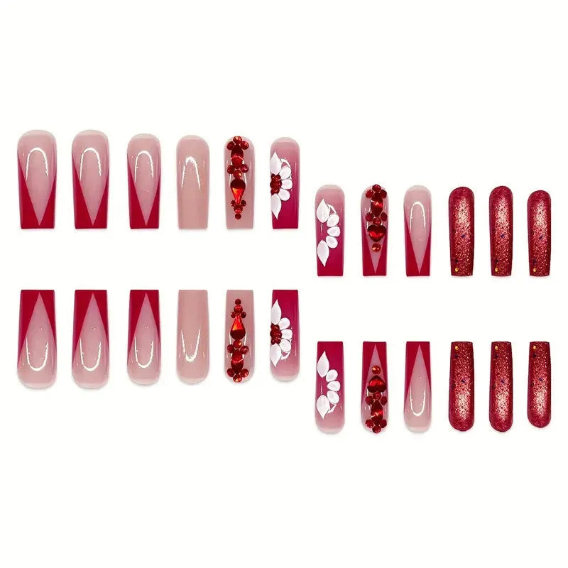 Sweet Flowers Prismatic Red Diamond removable fake nails set with jelly glue and nail file