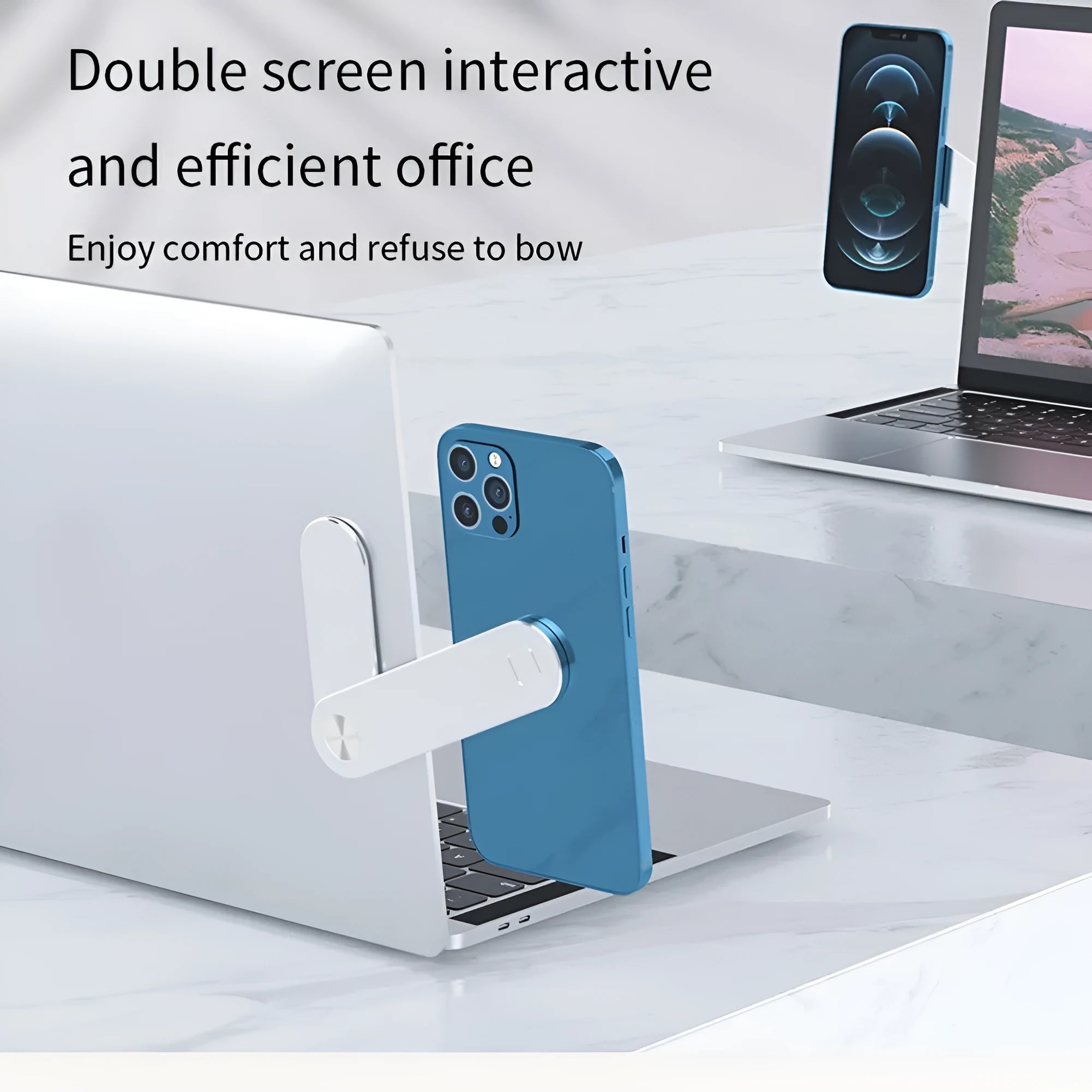 Black aluminium laptop phone holder with magnetic clip attached to a monitor, holding a smartphone