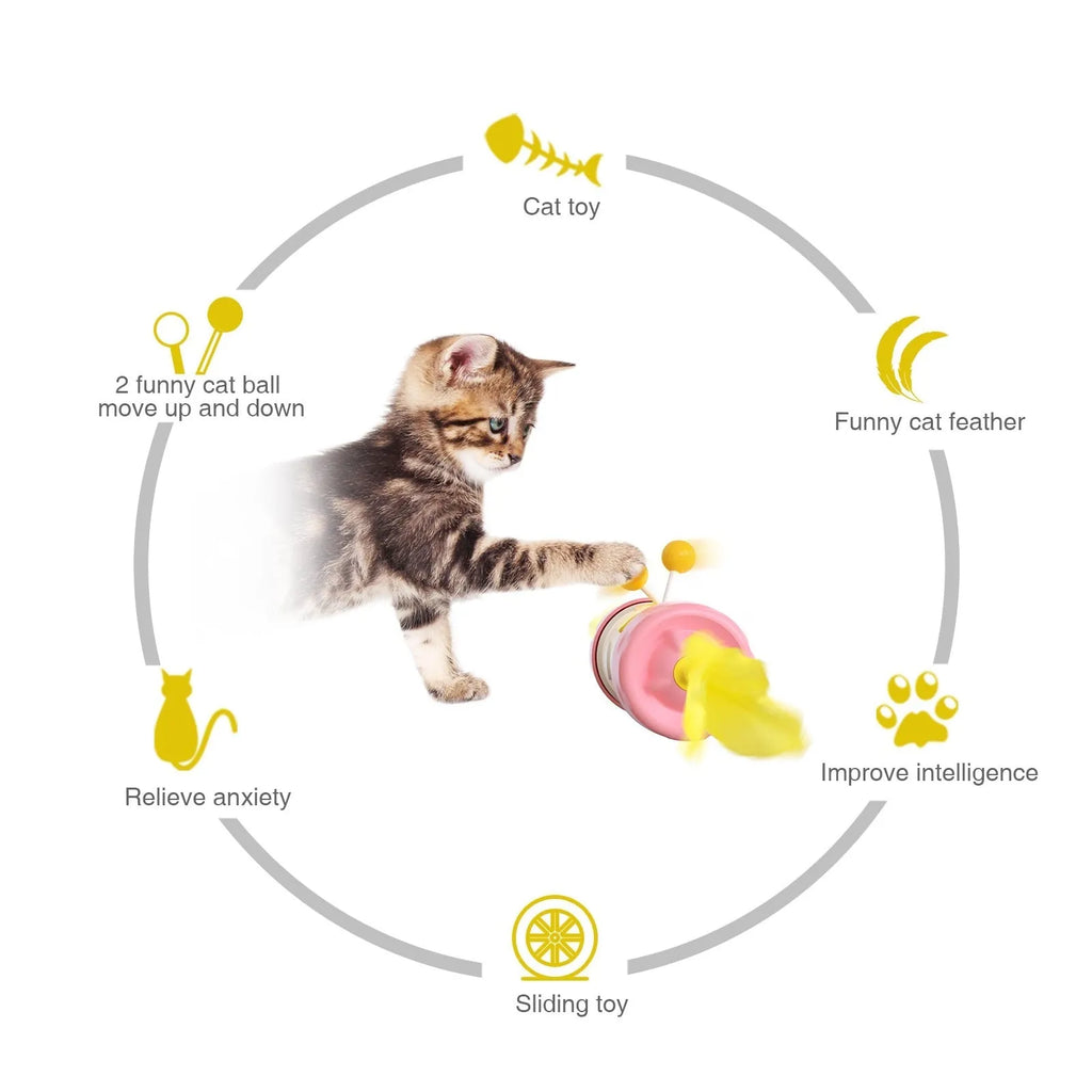 Cat toy stick pole with colourful tumbler feather ball dangling from nylon string