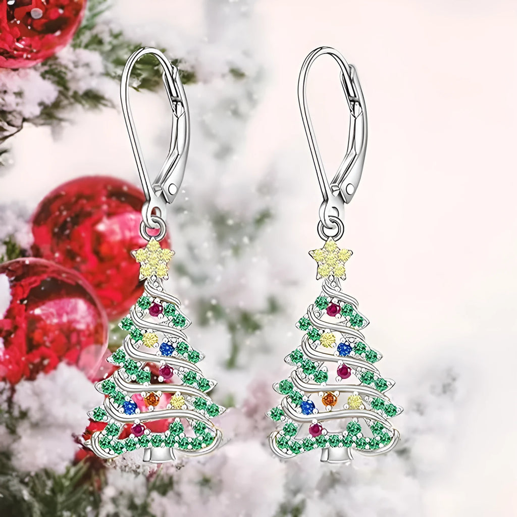 White gold colour Christmas tree earrings with star design elements for women