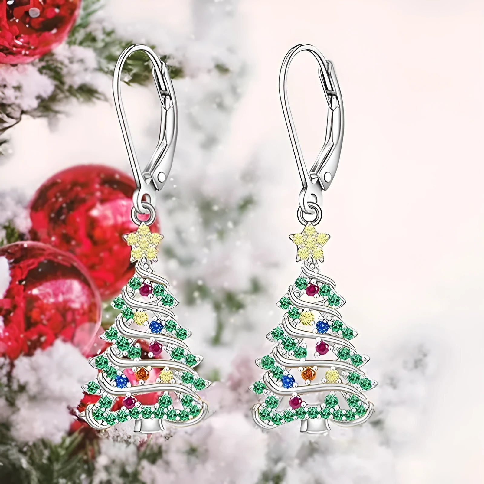White gold colour Christmas tree earrings with star design elements for women