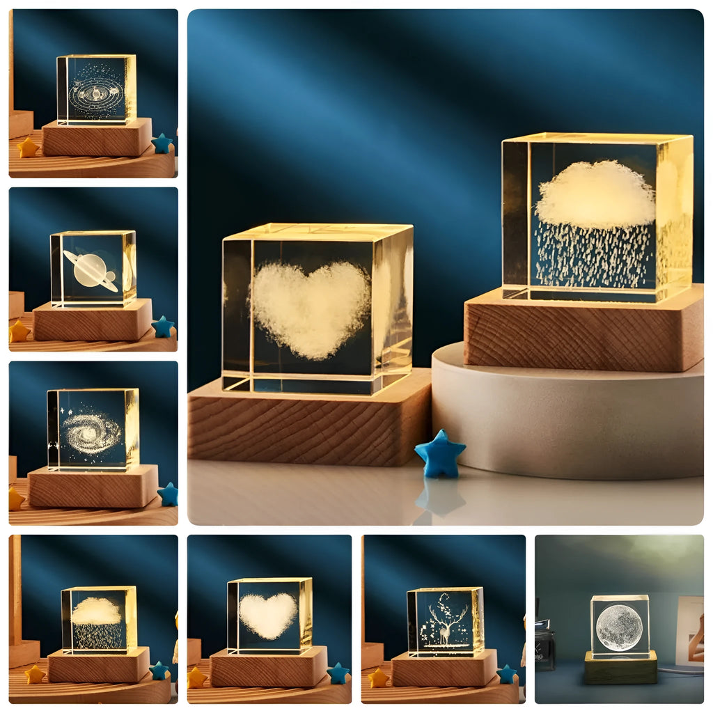 3D transparent crystal cube night lamp in 40mm or 60mm size on a desktop