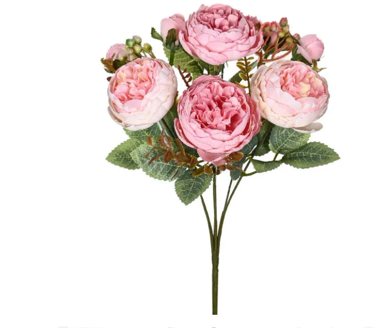 Artificial silk peony flower bouquet in champagne, pink, purple, sand red, or white for home and event decoration.