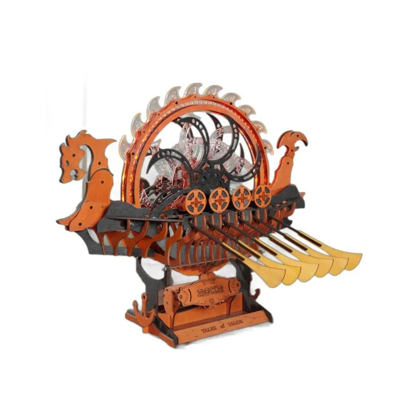 Hand-assembled wooden Viking dragon boat puzzle building blocks toy in colour box