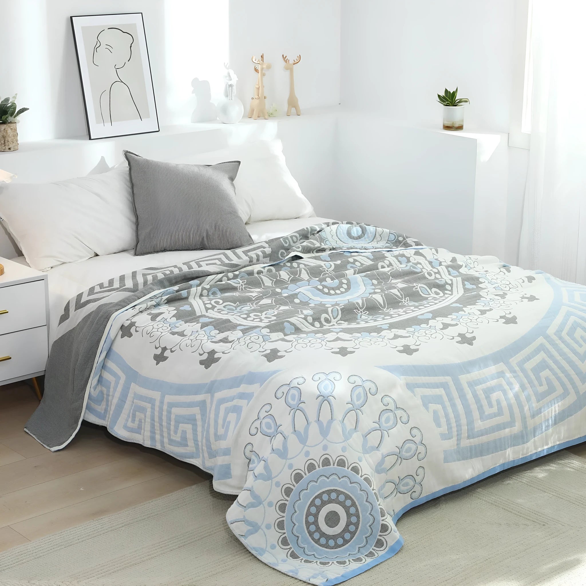 Pure cotton washed five layers towel blanket with plant flower pattern in blue, 150x200cm size