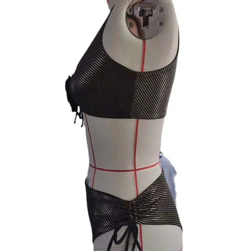 Black women's triangle swimsuit with 3D stereo design on a mannequin