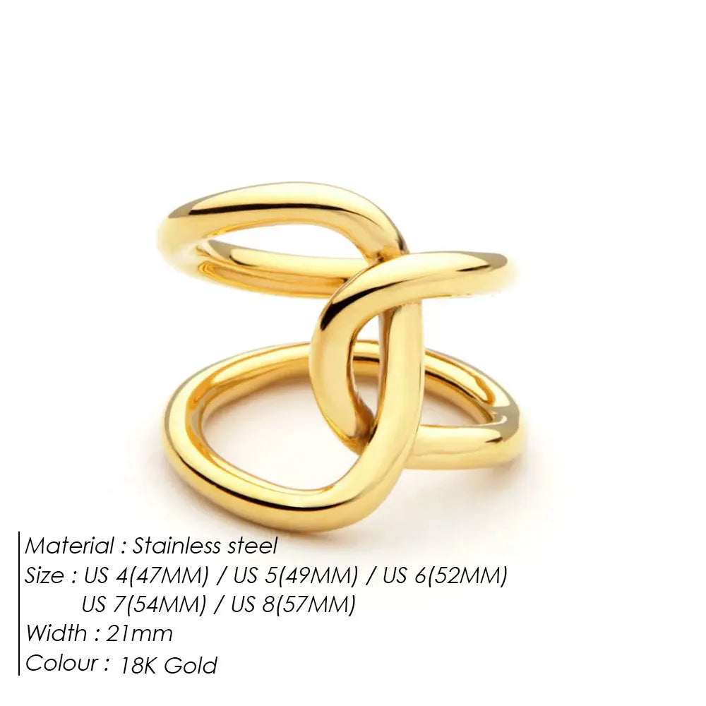Geometric knotted women's adjustable ring in stainless steel, showing U-shaped opening.