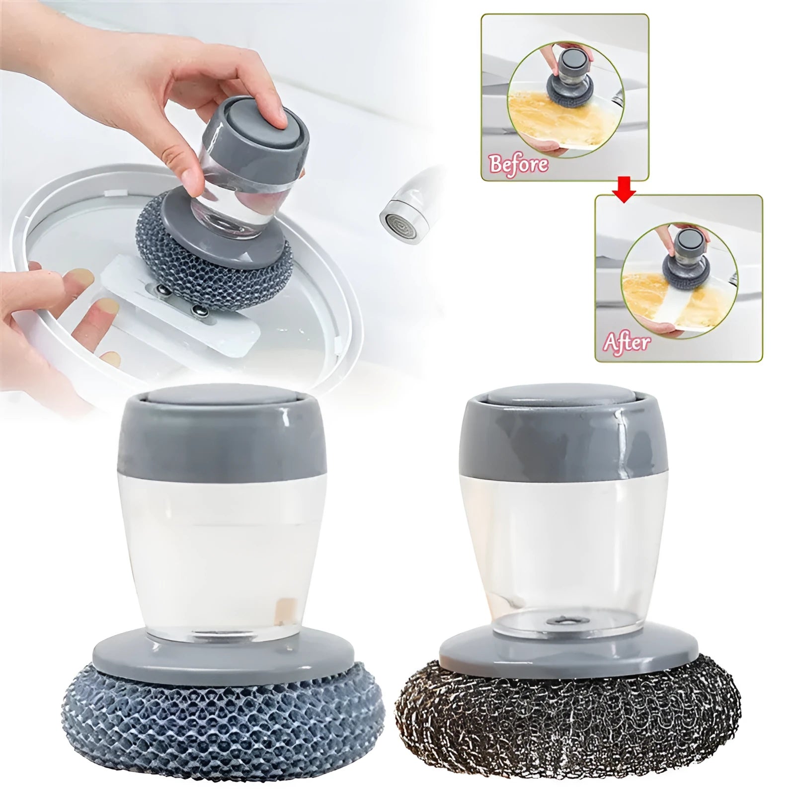 Kitchen palm brush with integrated push-type soap dispenser and bristles for scrubbing.