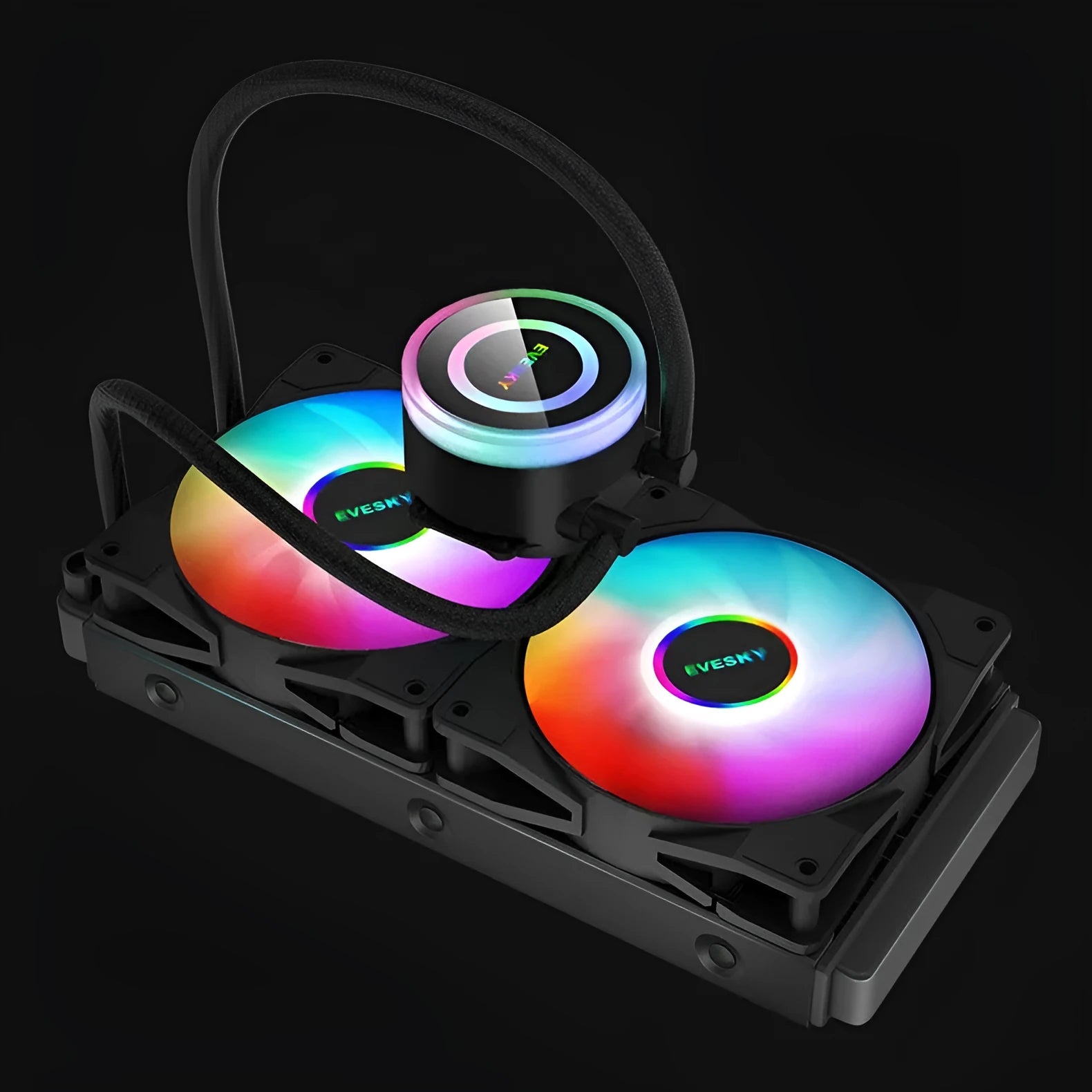 CPU radiator cooling fan with RGB lighting in 120mm, 240mm, and 360mm sizes