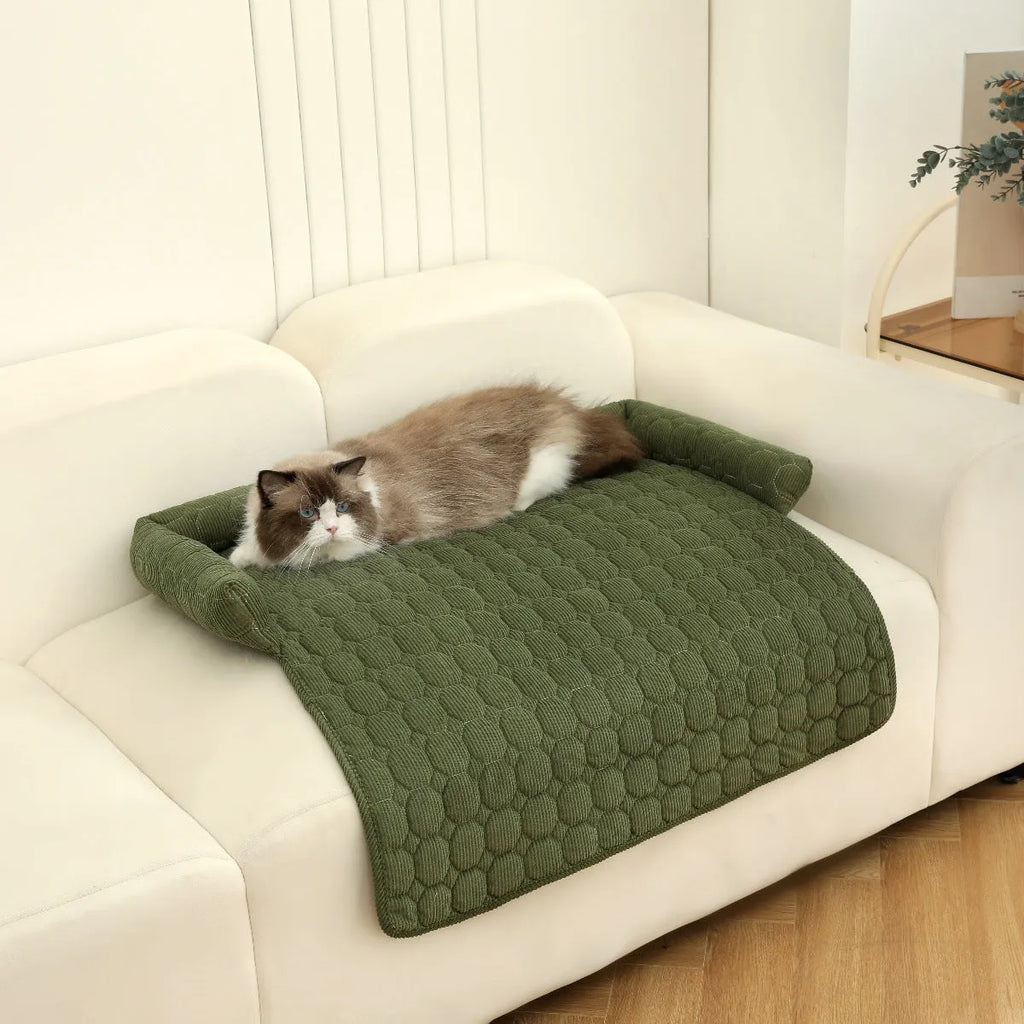 Thick corduroy pet bed mat with neck pillow in beige, 75x75cm, on a floor