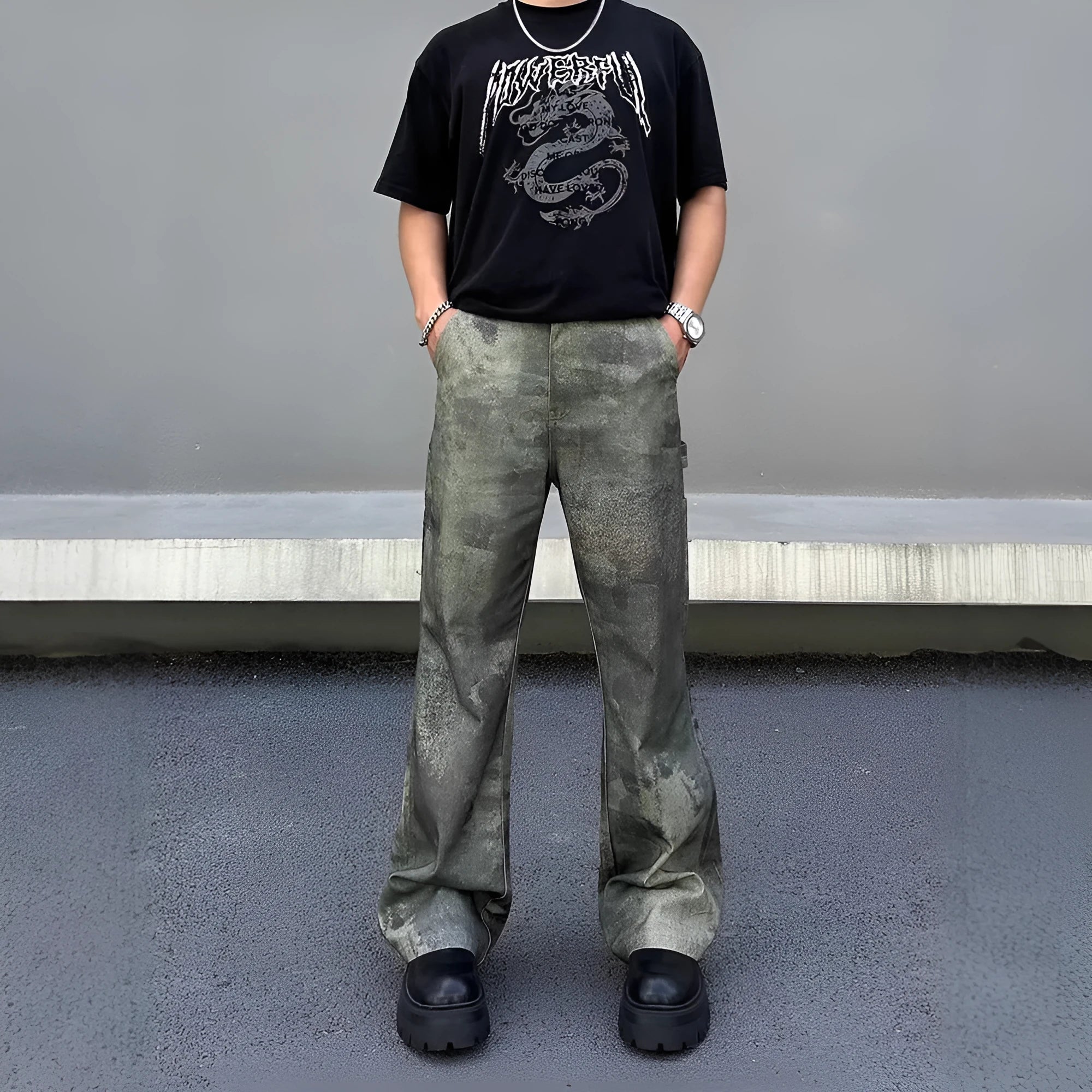 Men's straight-leg camouflage jeans with digital injection pattern in cotton denim fabric
