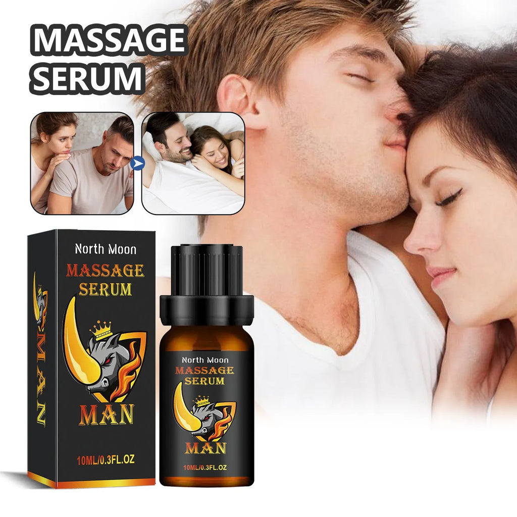 10ml bottle of men's massage essential oil for external body care containing mineral oil, jojoba oil, and ginger root oil.
