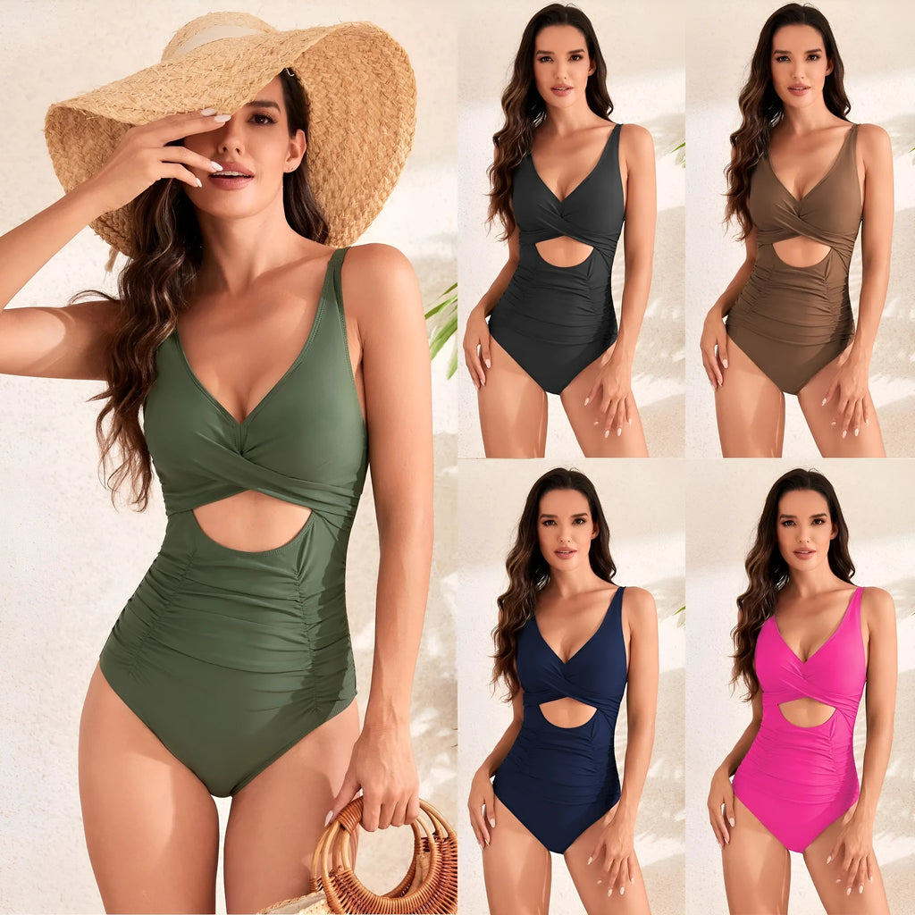 Solid colour high waist swimsuit with cross pack pleating detail in nylon fabric