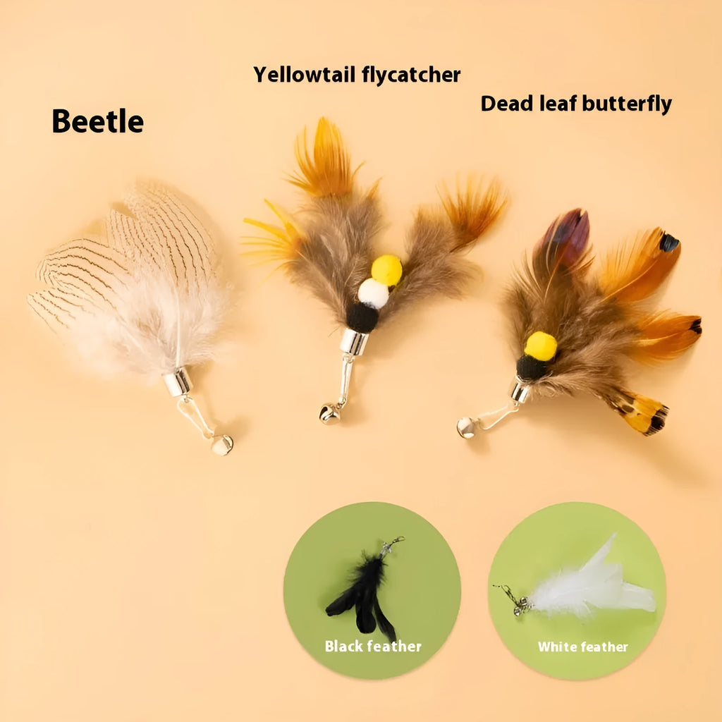 Set of three small cat toys with colourful flying insect heads on thin steel wires.