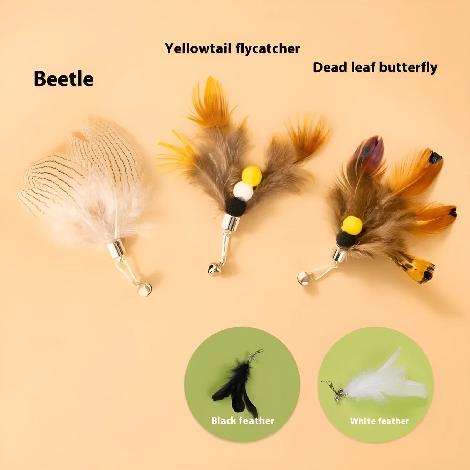 Set of three small cat toys with colourful flying insect heads on thin steel wires.