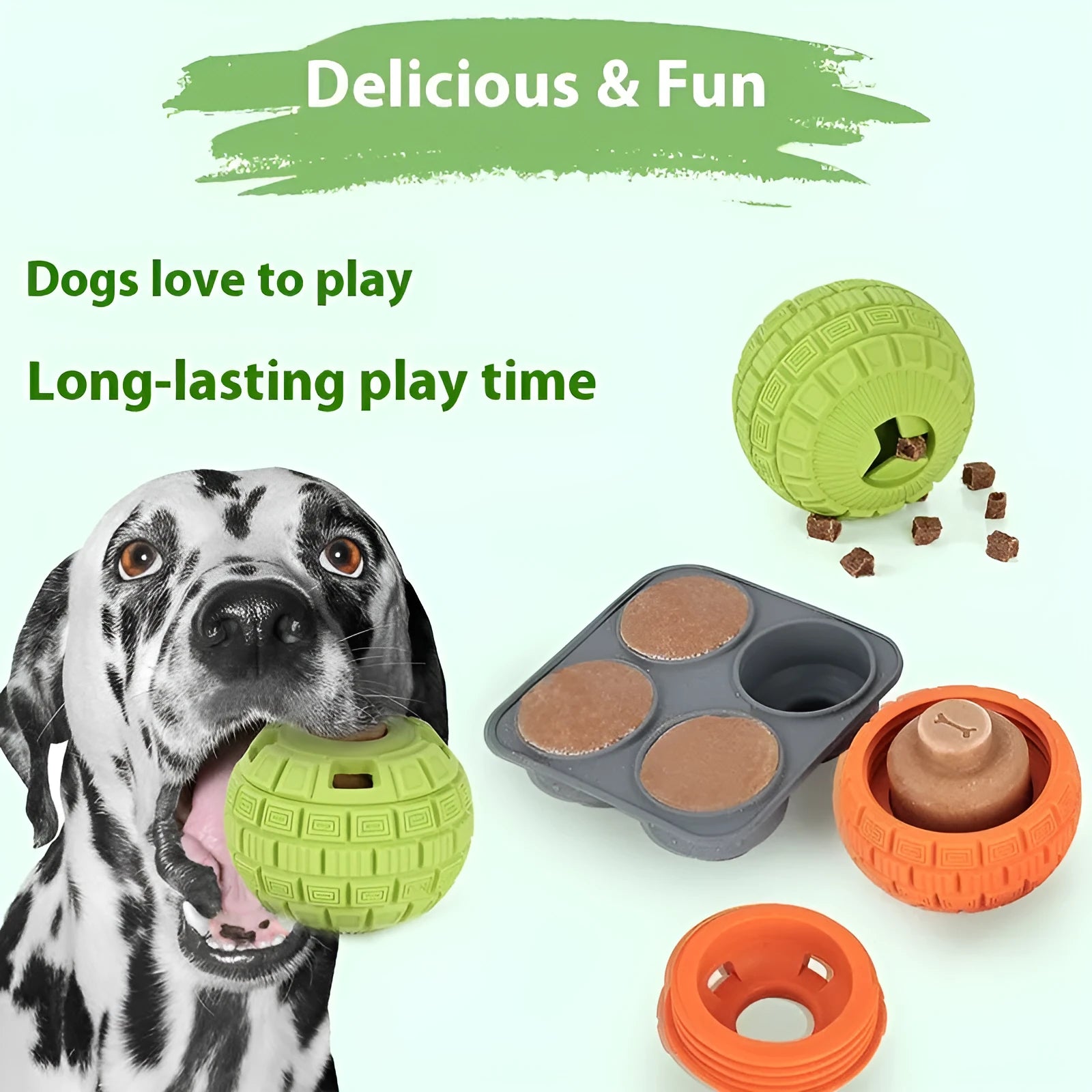 Green or orange natural rubber pet food dropping ball toy measuring 14x10x10 cm