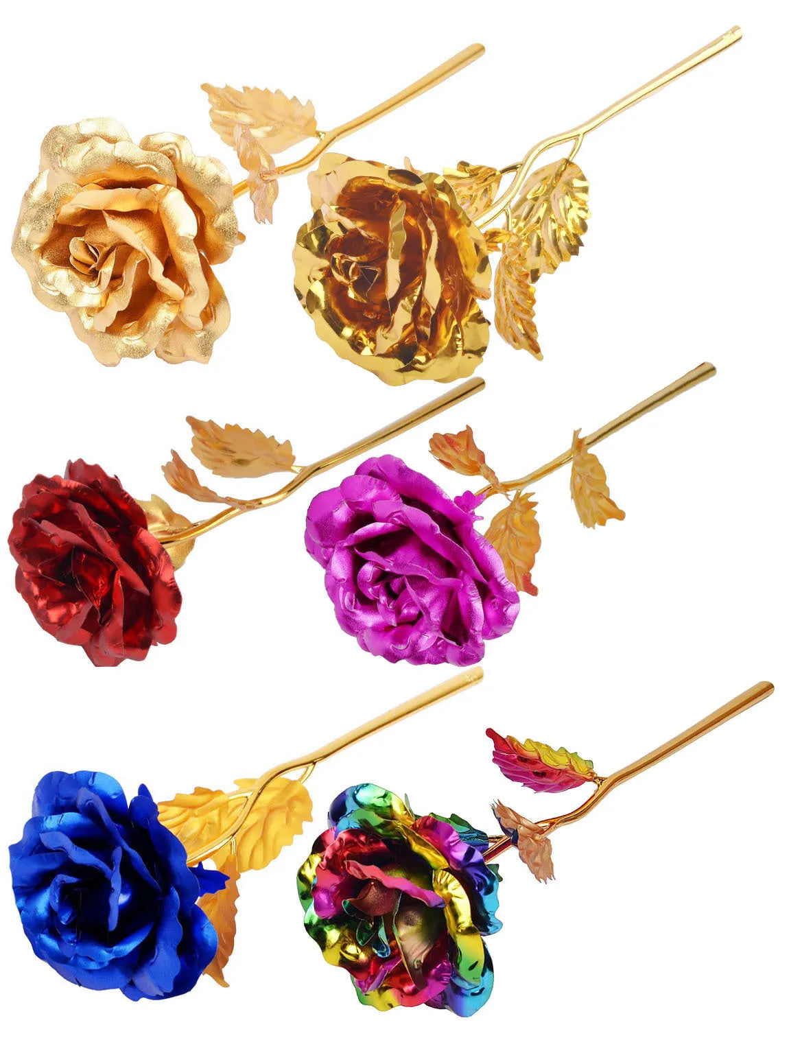 Gold-plated artificial rose with velvet stem on neutral background, available in multiple colours