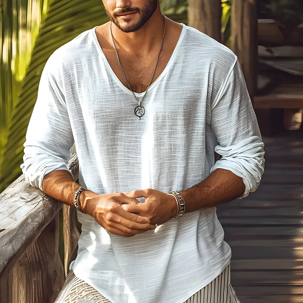 Men's beige slim fit V-neck long-sleeved t-shirt made from a hemp-blend fabric.