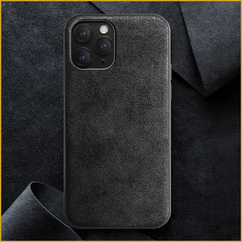 Suede full-cover phone case for iPhone in dark blue, shown from the back.