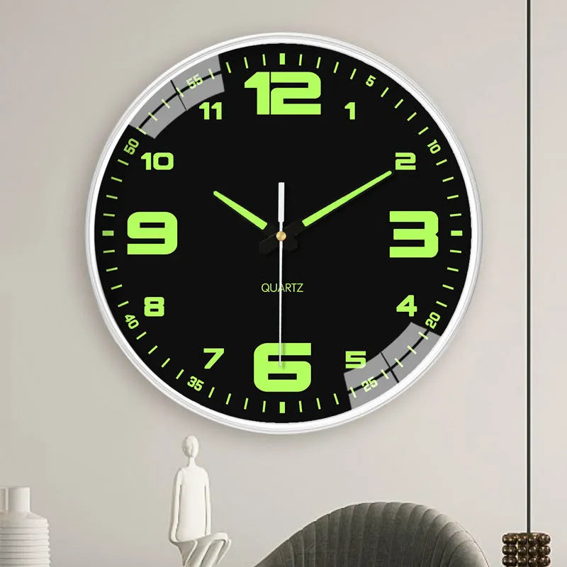 Modern luminous wall clock with plastic shell, 20cm diameter, shown in a room setting.