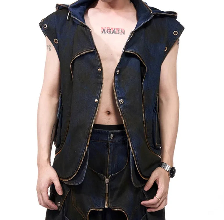 Korean style blue hooded denim vest coat and trousers set with heavy industry deconstructs design