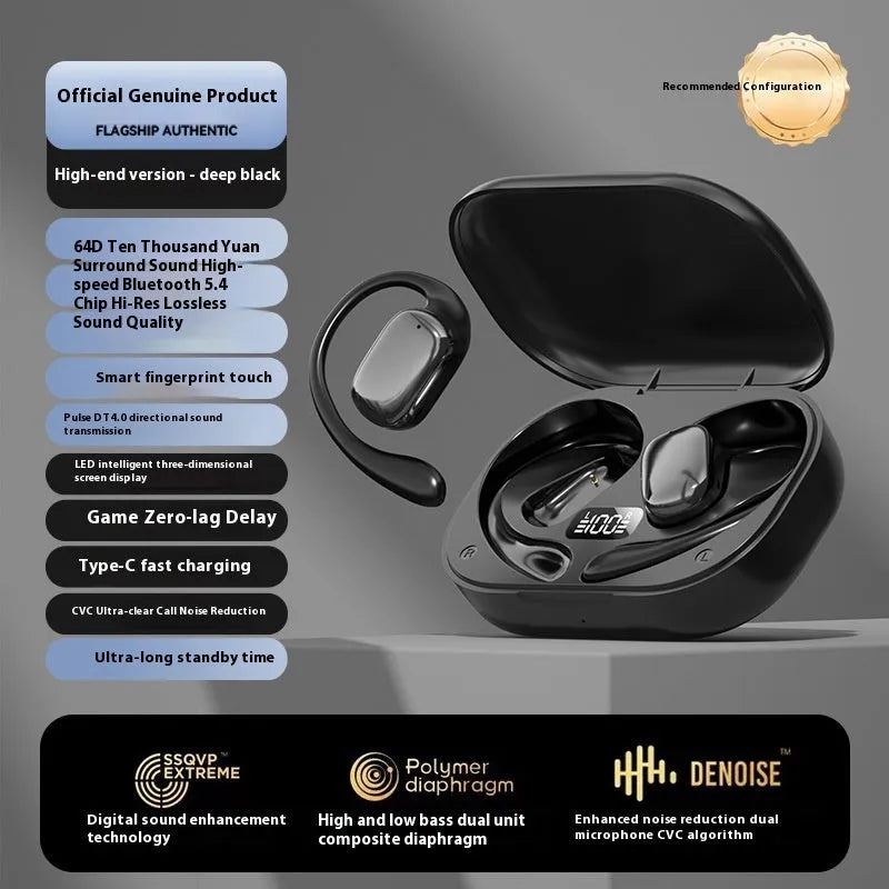 Ear-mounted wireless headphones with digital display screen in black colour
