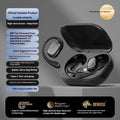Ear-mounted wireless headphones with digital display screen in black colour