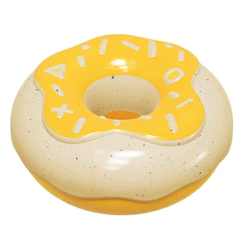 Pink TPR donut-shaped dog toy with textured surface for molar cleaning, shown next to yellow and chocolate colour options.