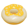 Pink TPR donut-shaped dog toy with textured surface for molar cleaning, shown next to yellow and chocolate colour options.