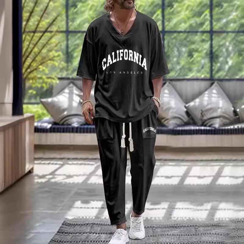 Men's lightweight polyester trousers suit with a V-neck cropped sleeve jacket